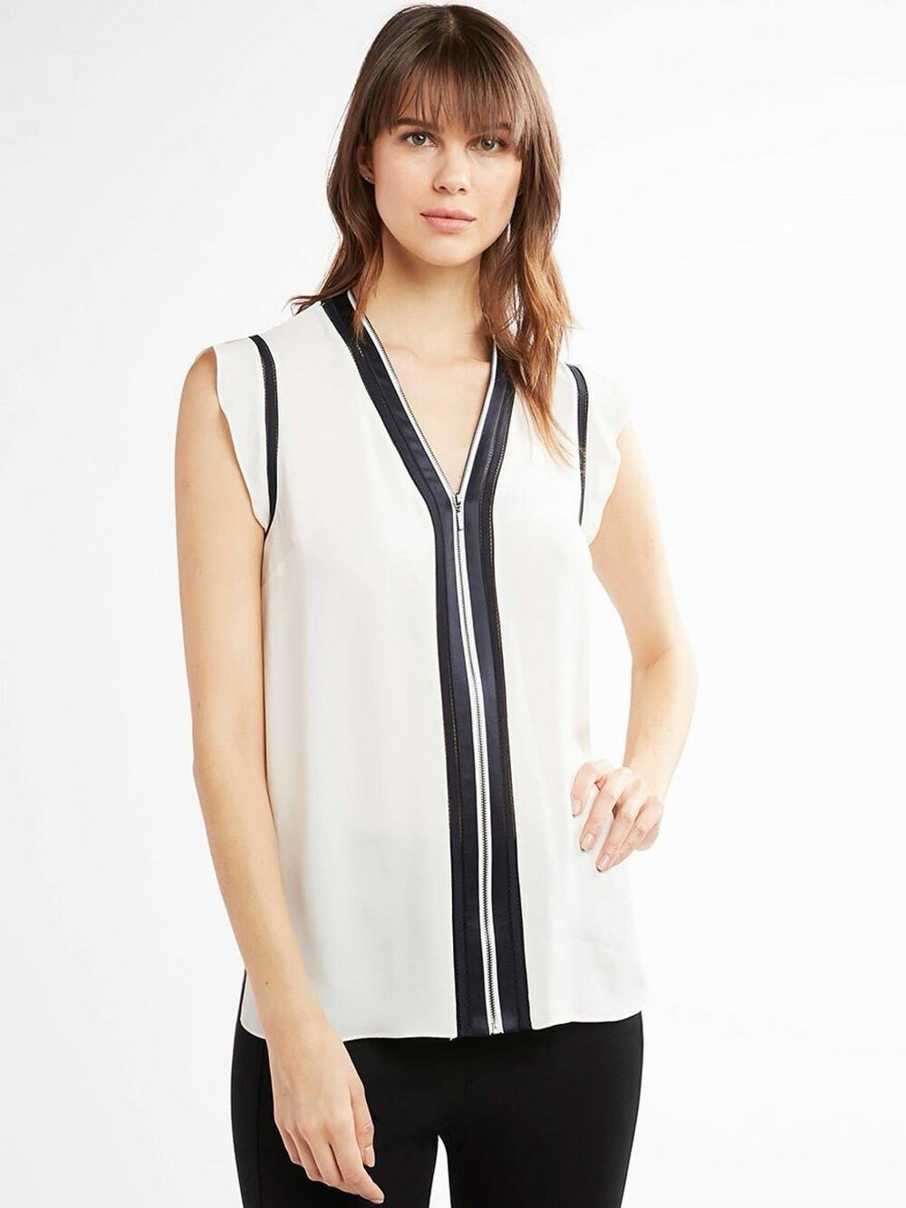 Elie Tahari Priya Pearl Silver Black Zip V Neck Silk Blouse - Medium